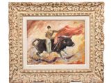tableau représentant un homme chevauchant un taureau avec une cape rouge