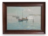 painting of a man in a boat on the water with other boats in the background
