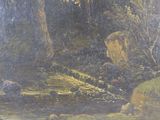 a painting of a man and a dog in the woods