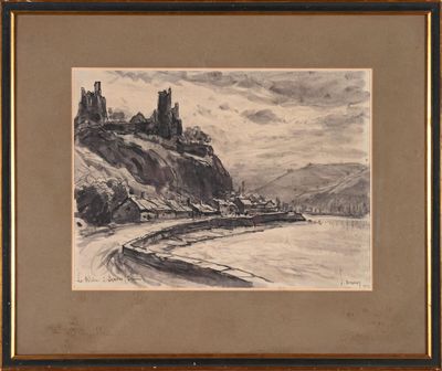 drawing of a castle on a hill with a river in the foreground