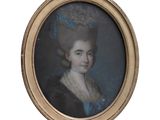 portrait d'une dame en robe bleue et chapeau bleu