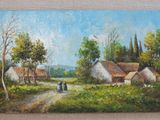 tableau représentant une femme marchant sur un chemin de terre à la lisière d'un village