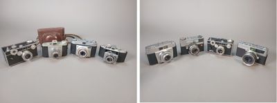 two pictures of a couple of old cameras sitting on a table