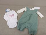 deux vêtements pour bébé posés l'un à côté de l'autre
