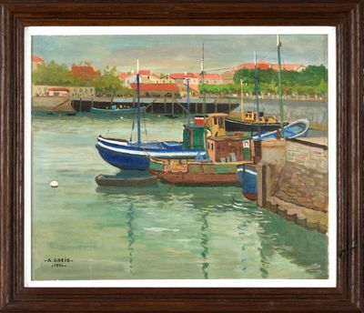 un tableau représentant des bateaux amarrés dans un port, avec des bâtiments en arrière-plan