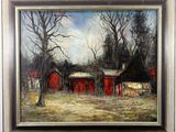 an oil painting of a farm scene with a red barn in the background