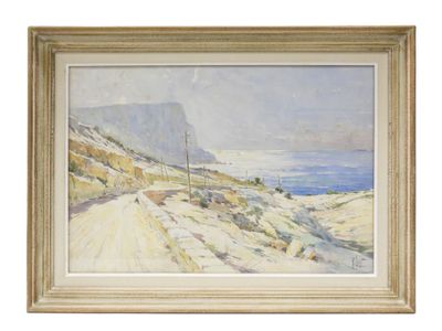 une peinture à l'huile représentant une route à flanc de montagne