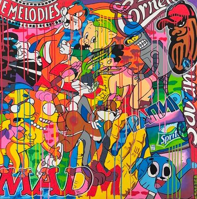 graffiti représentant un groupe de personnages de dessins animés sur un mur