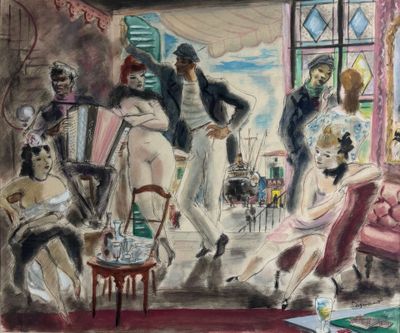 a painting of a man and woman dancing in a living room
