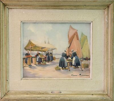 a painting of a group of people on the beach