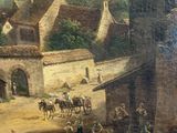 painting of a village scene with a horse drawn carriage in the foreground