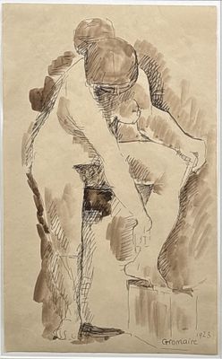 dessin représentant un homme penché en avant, le pied posé sur un tabouret