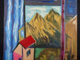 un tableau représentant une petite maison devant une montagne