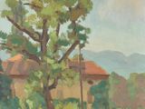 une peinture à l'huile représentant un arbre devant une maison
