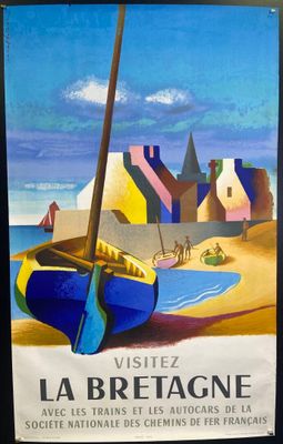 peinture représentant une peinture d'un bateau sur une plage, avec des bâtiments en arrière-plan
