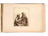 un vieux livre sur lequel figure le dessin d'un homme tenant un bébé dans ses bras