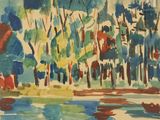 l'image d'une aquarelle représentant des arbres et une étendue d'eau