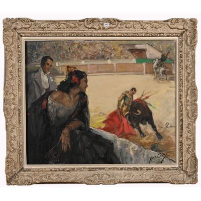 an image of a painting of a bullfight scene with a bull in the foreground