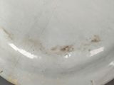 a white plate that has a brown spot on it