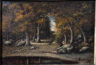 an oil painting of a man sitting on a log in the woods