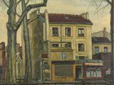 une image représentant une peinture d'une scène de rue avec des bâtiments et des arbres