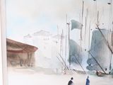 a painting of a man and a woman walking in the snow