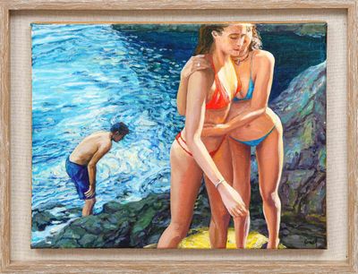 un tableau représentant deux femmes en bikini au bord de l'eau