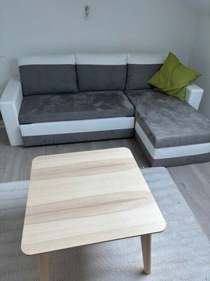 un canapé et une table basse dans un salon