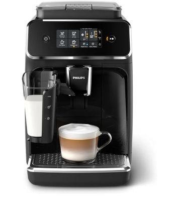 a black coffee machine with a glass of milk next to it
