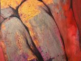 abstract painting of two birds on a tree branch in a red, yellow, and grey background