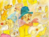 tableau représentant un clown jouant de la guitare, entouré d'autres clowns