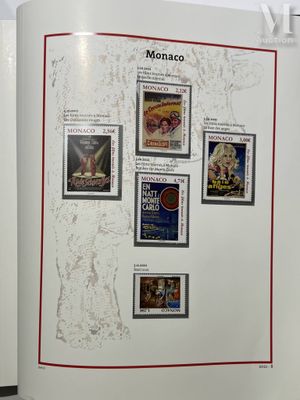 a refrigerator with a bunch of stamps on it