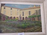 un tableau représentant une cour avec une fontaine au milieu