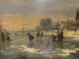 a painting of a group of people skating on a frozen lake