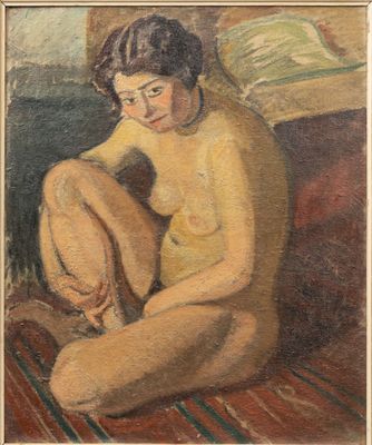 une peinture à l'huile représentant une femme nue assise sur un lit