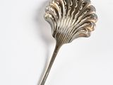 a silver spoon with a leaf on it on a white surface