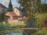 une image d'un tableau représentant une maison au bord de l'eau