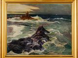 an oil painting of a rocky shore with waves crashing against the rocks