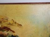 an image of a painting of a bird flying over a hill