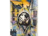 painting of a man in a hoodie on a train track with buildings in the background