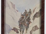 painting of a group of soldiers walking up a snowy mountain