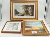trois tableaux encadrés représentant des arbres et une rivière, dans un cadre doré