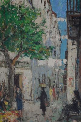 tableau représentant une scène de rue avec un homme marchant dans la rue