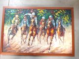 une peinture représentant un groupe de jockeys à cheval