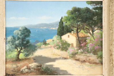 tableau représentant un chemin menant à une maison avec vue sur l'océan