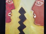 peinture représentant deux visages sur un fond jaune avec un arrière-plan noir