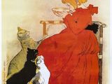 une image représentant une femme en robe rouge assise sur une chaise, accompagnée de trois chats