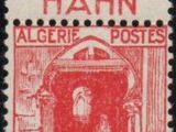 a red and black stamp with a picture of a man in a doorway