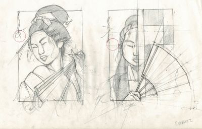 croquis représentant une femme avec un éventail et un homme avec un éventail