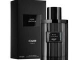 un flacon d'eau de Cologne « Black Leather » à côté d'un coffret noir